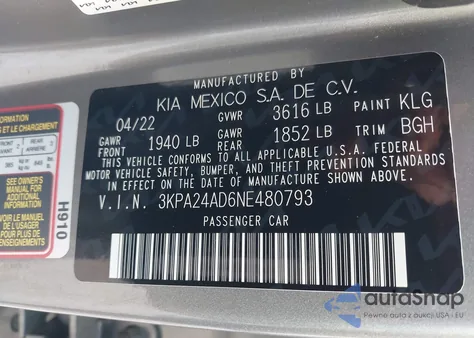 2022 Kia Rio S z USA, uszkodzony, nr VIN 3KPA24AD6NE480793